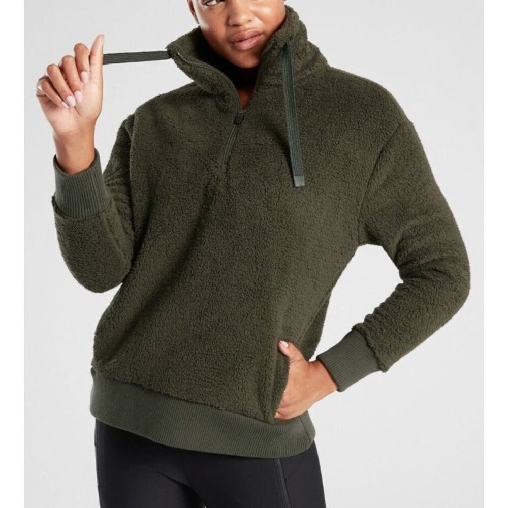 Athleta Women’s Green Talus Sherpa Half Zip Sweater XS Cozy Fall Athleisure